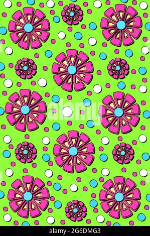 Hintergrund ist mit einer hellgrünen Farbe gefüllt. Blüten in heißem Pink, hellorange und hellblau mischen sich mit Kreisen aus gelben und weißen Punkten. Stockfoto