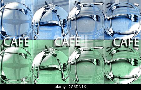 Das Wort „Cafe“ wird mit Gabeln geschrieben, um jeden Buchstaben zu Formen. Eine Glasschale, die auf jedem Buchstaben platziert wird, verzerrt die Buchstabenform und verleiht dem Bild ein 3D-Gefühl. Stockfoto