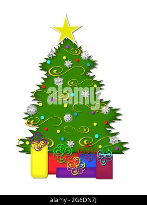 Weihnachtsbaum ist mit Schneeflocken, Lametta und Kugeln dekoriert. Star tops Baum und hell verpackte Pakete unter Sitzen. Stockfoto
