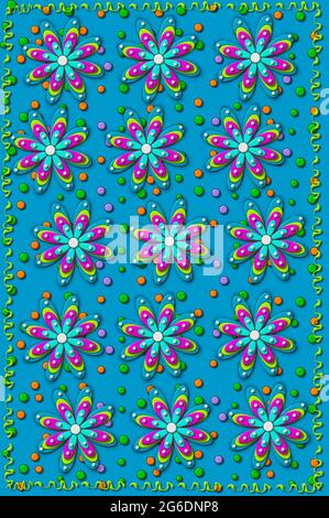 Aqua Hintergrund ist mit 3D-Punkten in mehreren Farben bedeckt. Geschichtete Blüten sind mit winzigen weißen Perlen überbacken. Schmale, gewellte Bändchenrahmen. Stockfoto