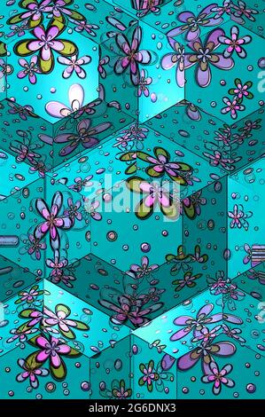 Hintergrundbild mit Tiefe und Sechseck-Formen. Gänseblümchen und Punkte schmücken aqua Hintergrund. Stockfoto