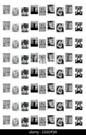Fotografien von Buchstabenformen bilden das Wort „Nostalgie“ auf weißem Hintergrund. Wort erscheint achtmal nach der Bildoberfläche. Stockfoto