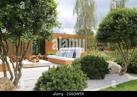 Viking 'Friluftsliv' (Open-Air Living) Show Garden, Silver-gilt Medal, RHS Hampton Court Palace Garden Festival 2021, 5. Juli 2021, London, England, Großbritannien Stockfoto