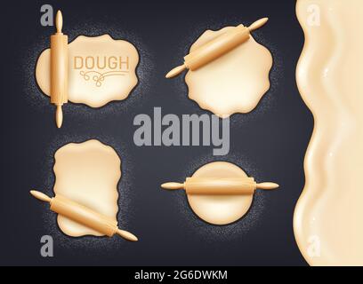 Realistisches Holzpfropfen und Satz Knetteig mit Mehl. Designkonzept für Backen, Pizza, Kekse, Kekse, Brot. Dunkler Plattenhintergrund Stock Vektor