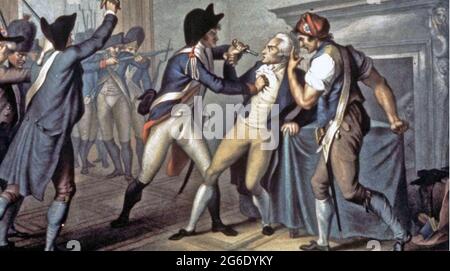 MAXIMILIEN de ROBESPIERRE (1758-1794) eine führende Figur in der französischen Revolution. Zeitgenössischer Farbdruck seiner Verhaftung am 27. Juli. Am nächsten Tag wurde er guillotiniert. Stockfoto