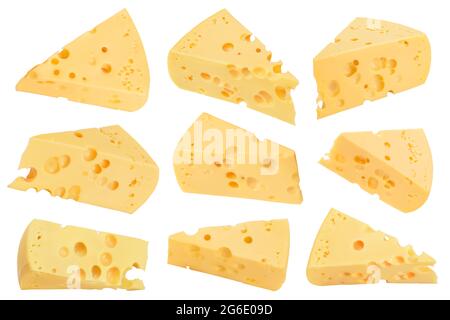 Stück Käse isoliert auf weißem Hintergrund, Set oder Sammlung Stockfoto