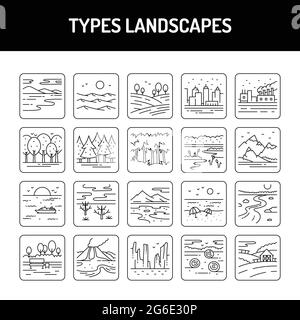 Typen Landschaften Liniensymbole festgelegt. Isoliertes Vektorelement. Skizzieren Sie Piktogramme für Webseite, mobile App, Werbung. Bearbeitbare Kontur. Stock Vektor