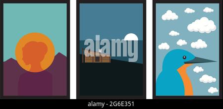 Drei verschiedene Design minimalistischen Poster in schwarzem Rahmen Frau vor der Sonne und dem Berg, Haus, Wasser, Vogel, Wolke, Himmel-Vektor-Illustration Stock Vektor
