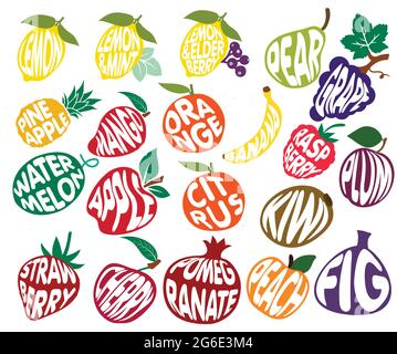 Buchstaben in Obst, handgeschrieben, isoliert auf weißem Hintergrund Vektorgrafik Stock Vektor