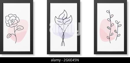 Drei minimalistische Poster aus Blumen, Wanddekor, flaches Design, Poster Design-Vektor Stock Vektor