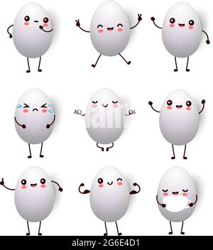 Frohe Ostern weiße Eier neun verschiedene Gesicht Cartoon auf weißem Hintergrund isoliert - Vektor-Illustration Stock Vektor