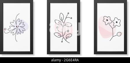 Drei minimalistische Poster aus Blumen, Wanddekor, flaches Design, Poster Design-Vektor Stock Vektor