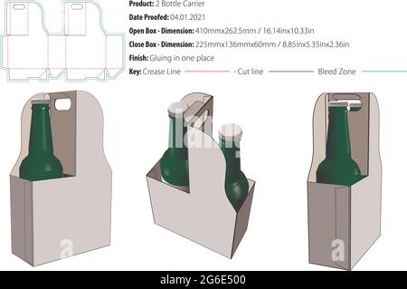 Halter für zwei Bierflaschen mit Griff oben, Crash-Lock unten, Verpackungsdesign-Schablone kleben Stanzform - Vektor Stock Vektor