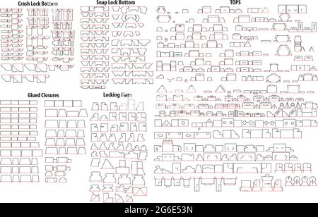 Jede Art von Elementen für die Erstellung von Karton, Crash-Lock unten, Schnappverschluss unten, geklebte Verschlüsse, Verriegelungsklappen, Deckel oben - Stanzschablonen - vecto Stock Vektor