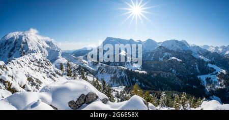 Blick von Jenner auf Lafeldkopf, Fagstein, Berchtesgadener Alpen, Schönau am Koenigssee, Berchtesgadener Land, Bayern, Deutschland Stockfoto