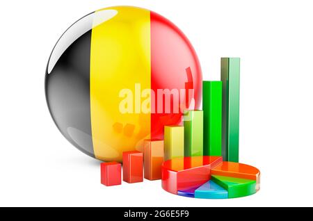 Belgische Flagge mit Wachstumskurs und Tortendiagramm. Wirtschaft, Finanzen, Wirtschaftsstatistiken in Belgien Konzept. 3D-Rendering auf weißem Hintergrund isoliert Stockfoto