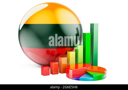 Litauische Flagge mit Wachstumsbalken und Kreisdiagramm. Wirtschaft, Finanzen, Wirtschaftsstatistik in Litauen Konzept. 3D-Rendering auf weißem Hintergrund isoliert Stockfoto