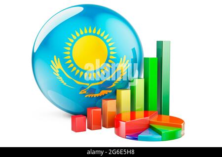Kasachische Flagge mit Wachstumsbalken und Kreisdiagramm. Wirtschaft, Finanzen, Wirtschaftsstatistik in Kasachstan Konzept. 3D-Rendering auf weißem Hintergrund isoliert Stockfoto