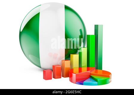 Nigrische Flagge mit Wachstumskurs und Tortendiagramm. Wirtschaft, Finanzen, Wirtschaftsstatistik in Nigeria Konzept. 3D-Rendering auf weißem Hintergrund isoliert Stockfoto
