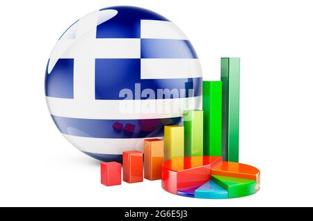 Griechische Flagge mit Wachstumskurs und Tortendiagramm. Wirtschaft, Finanzen, Wirtschaftsstatistik in Griechenland Konzept. 3D-Rendering auf weißem Hintergrund isoliert Stockfoto