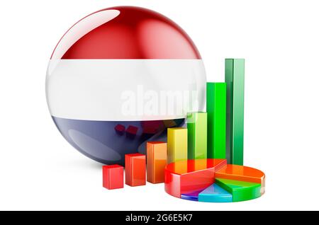 Die Niederlande-Flagge mit Wachstumskurs und Tortendiagramm. Wirtschaft, Finanzen, Wirtschaftsstatistik in den Niederlanden Konzept. 3D-Rendering isoliert ein Stockfoto