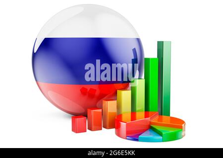 Russische Flagge mit Wachstumskurs und Tortendiagramm. Wirtschaft, Finanzen, Wirtschaftsstatistik in Russland Konzept. 3D-Rendering auf weißem Hintergrund isoliert Stockfoto