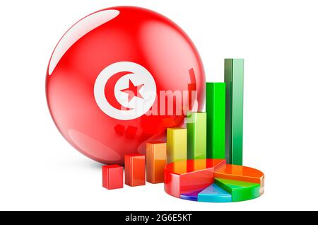 Tunesische Flagge mit Wachstumskurs und Tortendiagramm. Wirtschaft, Finanzen, Wirtschaftsstatistik in Tunesien Konzept. 3D-Rendering auf weißem Hintergrund isoliert Stockfoto