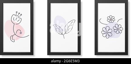 Drei minimalistische Poster aus Blumen, Wanddekor, flaches Design, Poster Design-Vektor Stock Vektor