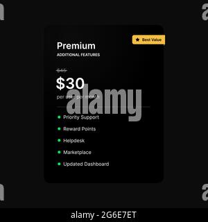 Monatliche Gebühr für Premium App Service. Zahlungs-Schnittstelle mit Kosten und Funktionen Beschreibung auf dunklem Hintergrund. Vektorgrafik Stock Vektor