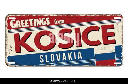 Grüße von Kosice vintage rostigen Metallplatte auf weißem Hintergrund, Vektor-Illustration Stock Vektor