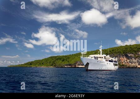 Luxus-Tauchboot, weiß, Pelagian Tauchsafari vor der tropischen Insel, Wakatobi Dive Resort, Pulau Tolandona, Südost-Sulawesi, Indonesien Stockfoto