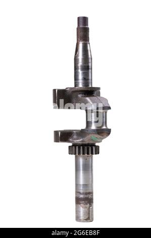 Eine Kurbelwelle aus Metall, die in einem Verbrennungsmotor verwendet wird. Ersatzteile für die Reparatur von Verbrennungsmotoren. Isolierter Hintergrund. Stockfoto