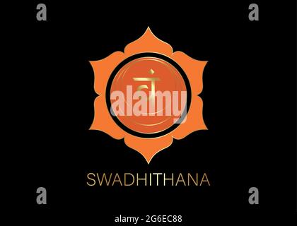 Zweites Swadhisthana-Chakra mit dem Hindu-Sanskrit-Samenmantra VAM. Orange und Gold flaches Design-Stil Symbol für Meditation, Yoga. Logo-Vorlage Stock Vektor