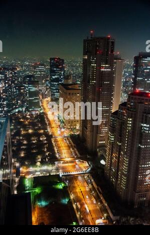 Aus dem Fenster auf dem Boden, wo Sophia Coppola in Tokio „Lost in Translation“ gedreht hat, zeigt Japan die Lichter und Anonymität der Stadt. Stockfoto