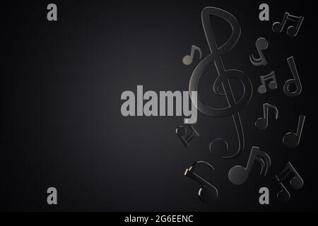 Schwarze Musiknoten von Liedmelodie fließen in die Luft auf einem dunklen Hintergrund. Kopieren Sie Platz für Ihren Text oder Artikel auf der linken Seite. Der Begriff der Musik und ae Stockfoto