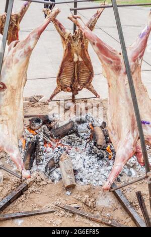 Traditionelles Asado - Grill eines Lammes. Plaza Independecia in Mendoza, Argentinien. Stockfoto