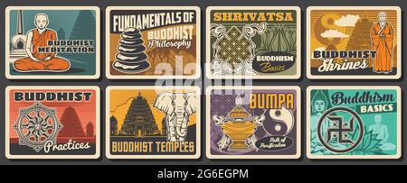 Buddhismus Religion und buddhistische Meditation Retro-Karten mit Vektor-Symbole der buddhistischen religiösen Lotus, Buddha-Statue und Yin Yang. Buddhistischer Mönch verlockt Stock Vektor