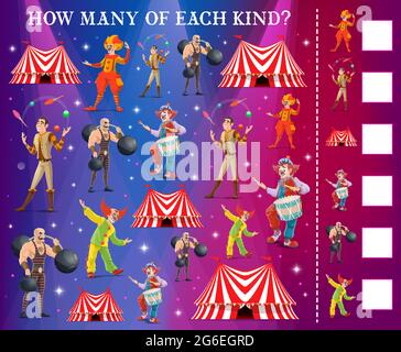 Ich spioniere Spiel mit Zirkus Charaktere Vektor Kinder Bildung Design. Puzzle, Labyrinth, Rätsel oder Test mit Zählen Aufgabe, wie viele Cartoon shapito große top t Stock Vektor