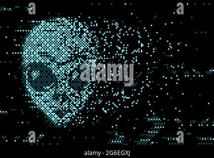 Digitale Verzerrung des Bildschirms durch Pixelrauschen und ein fremdes zerbröckelndes Gesicht auf schwarzem Hintergrund. Vektor glühende Neon glitched Effekt, verzerrte Glitch Stock Vektor
