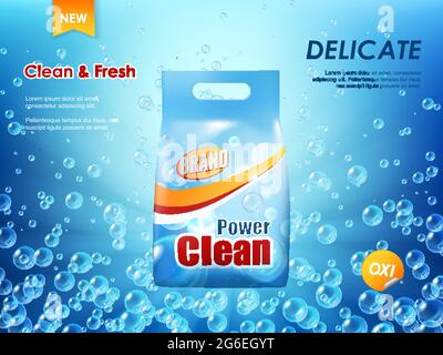 Waschpulver Verpackung, Waschmittel Vektor-Werbebanner. Realistische Plastikverpackung, Packung oder Beutel mit Waschreiniger und Wäsche waschen Produkte auf b Stock Vektor