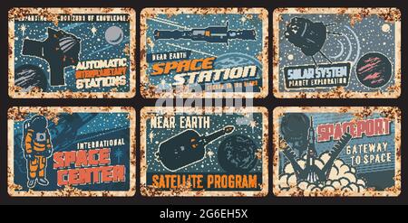 Orbital-Raumstation und Satelliten rostigen Platten mit Vektor-Universum Galaxie Planeten, Raumschiffe, Astronaut. Raketenstart, Satelliten und Shuttle, sp Stock Vektor