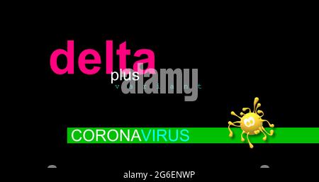 COVID-19 DELTA PLUS VARIANTENLINIEN AY.1 und AY.2, Pandemie-Bedrohung. Globale Gesundheitskrise. Der vierte Buchstabe des griechischen Alphabets. Virussimulierte Zeichnung. Stockfoto