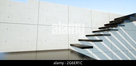 Farbenfroher abstrakter Hintergrund: Schwarze minimalistische Treppe auf grauer Zementwand. (Auto-Backplate, 3D-Rendering-Computer digital generierte Illustration.) Stockfoto