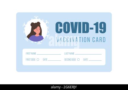 Konzept der Impfkarte. Leere Vorlage mit weiblichem Foto. Frau erhält Covid 19-Impfstoffinjektion. Überprüfung der Sicherheit vor dem Coronavirus. Vektor Stock Vektor