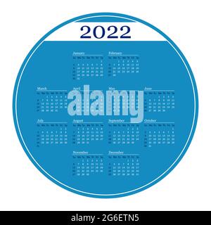 Blauer Kreis Kalender auf 2022 Jahr. Vektorvorlagen Kalender in Englisch. Für Unternehmen auf weißem Hintergrund. Die Woche beginnt ab Sonntag. Stock Vektor