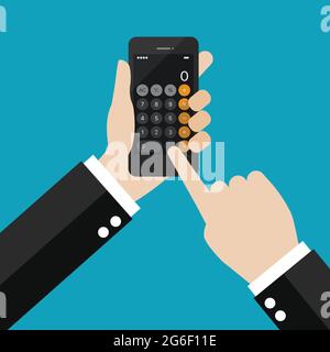 Geschäftsmann mit Taschenrechner-Anwendung auf dem Smartphone. Vektorgrafik Stock Vektor