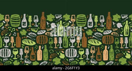 Vektor grün Weinbar Stift Skizze Doodle horizontale Grenze Muster mit Brot und Käse. Geeignet für Poster und Weinbar-Menü. Stock Vektor