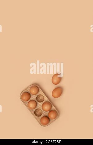 Natürliche Bio-Eier in Holzeikiste auf beigem Hintergrund. Kompositionen in monochromen Farben. Zero Waste Konzept. Stockfoto