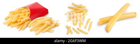 Pommes Frites oder Bratkartoffeln isoliert auf weißem Hintergrund. Set oder Collection Stockfoto