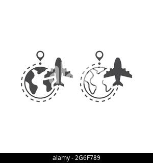 Flugzeug, Globus und gestrichelte Linie Flugroute. Kommerzielles fliegendes Vektor-Symbol mit Planet Erde und Positionsstift. Stock Vektor